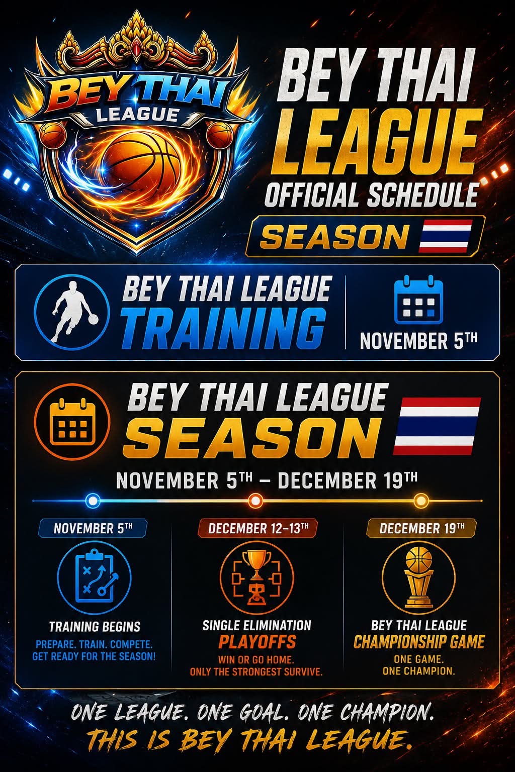 Bey Thai League Official Season Schedule — Training begins November 5th, playoffs December 12–13th, championship December 19th